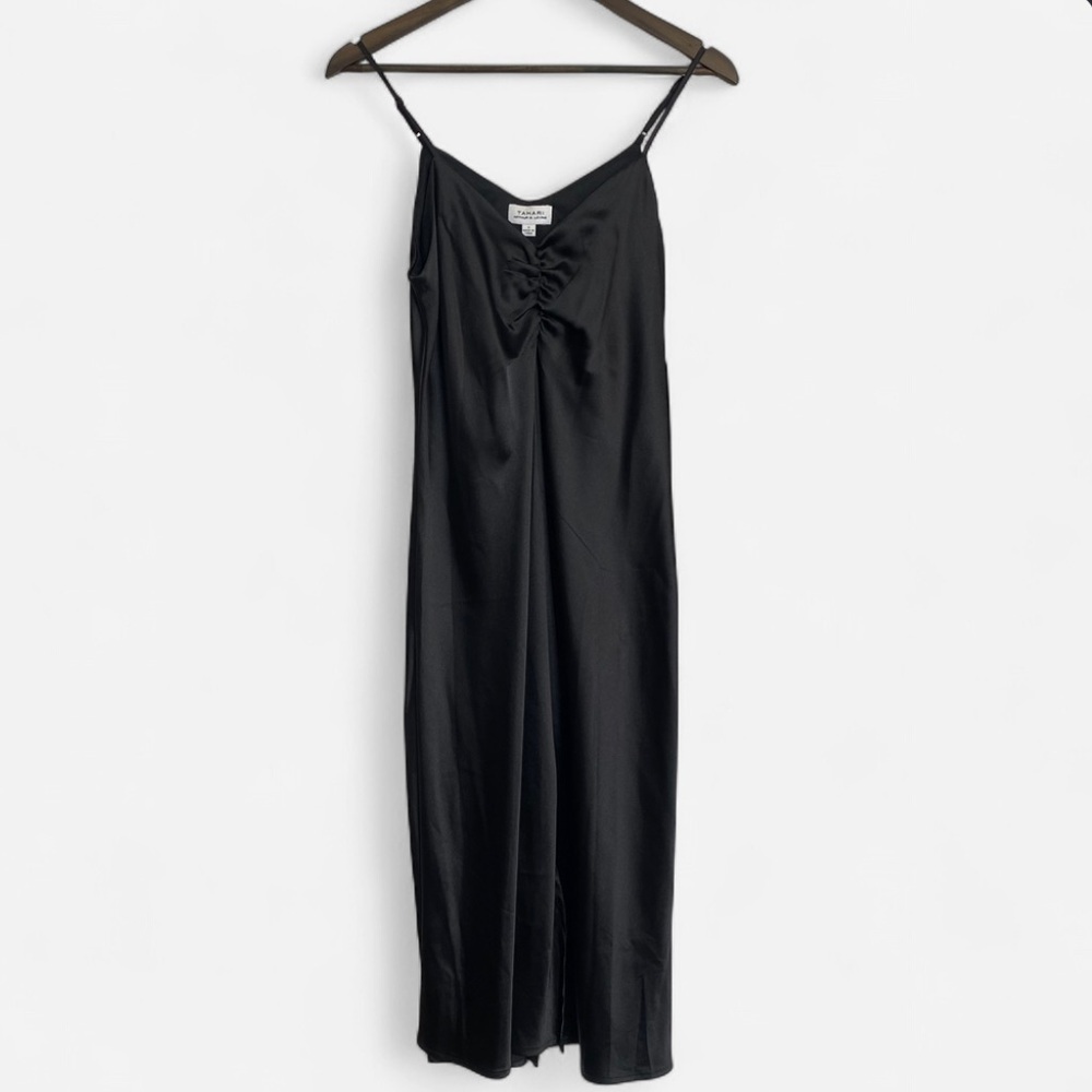 Tahari Arthur S Levine Black Sleeveless Ruched Midi Dress Small Cocktail LBD